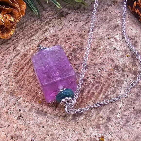 Nature Fluorite Carved Fret Symbols Cube Pendant Necklace - Picture 6 of 10